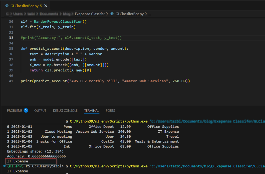 The output with a box drawn around the predicted account